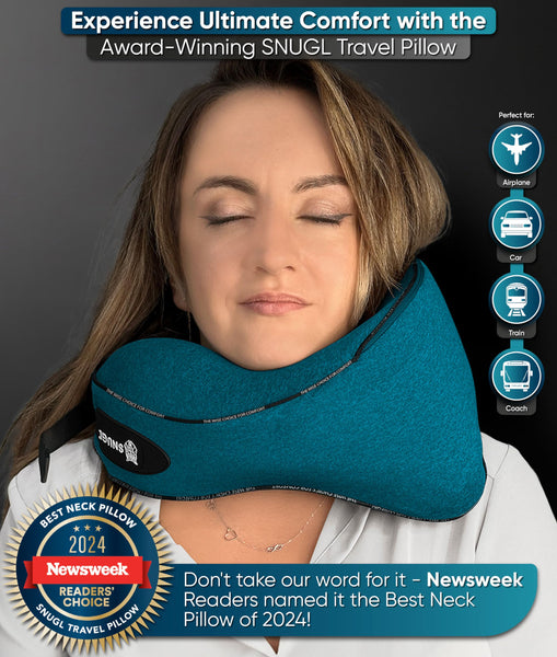 SNUGL Travel Pillow – Memory Foam Neck Pillow for Travel – Support Cushion for Airplane with Carry Bag & Clip - Holiday Essentials (Black - Adult Regular)
