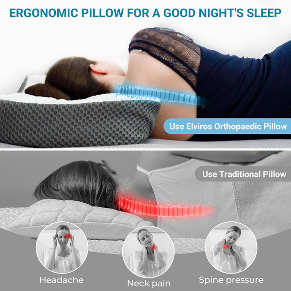 Elviros Cervical Memory Foam Neck Pillow for Side Sleeping, Orthopedic Pillows for Back and Stomach Sleepers, Adjustable Ergonomic Bed Pillow Pain Relief (White)