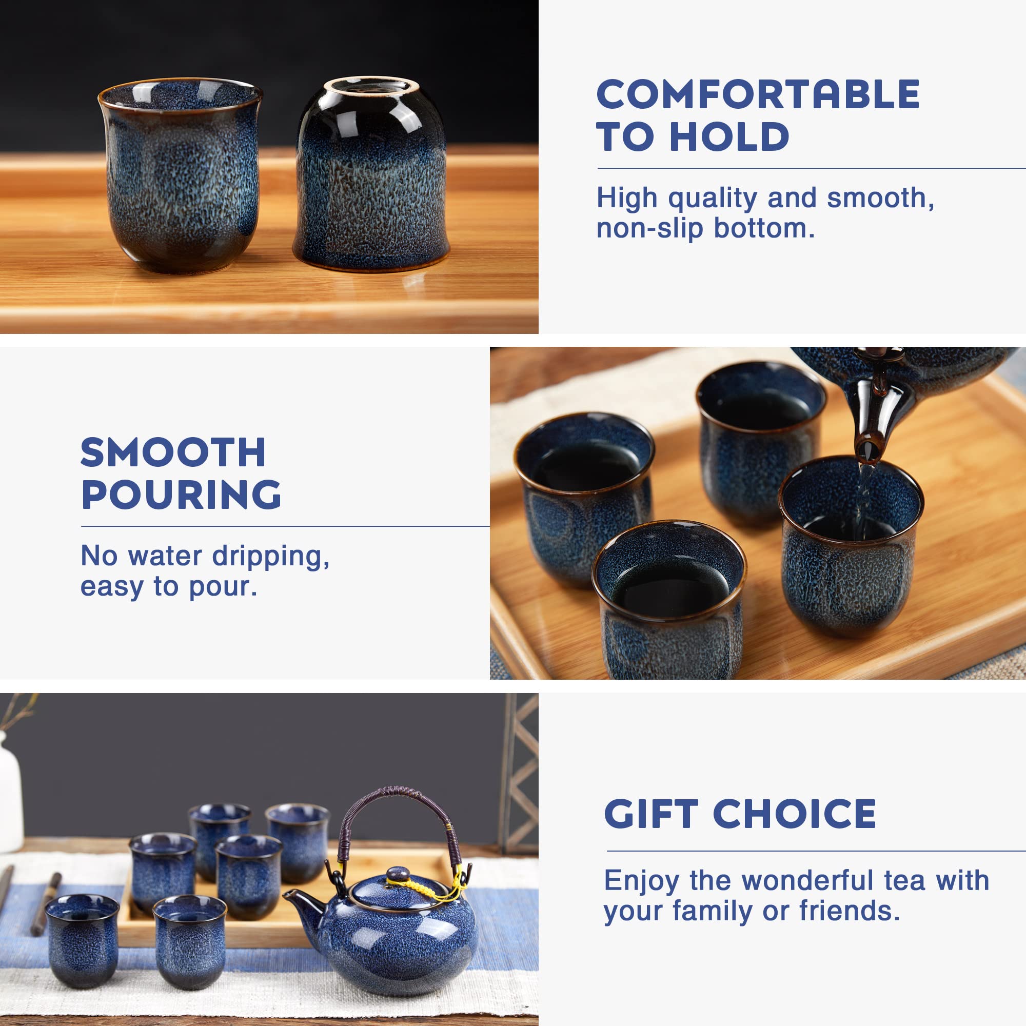 DUJUST Japanese Tea Set for 6, Kiln Altered Glaze Porcelain, Unique Blue, 23.5oz Teapot with 6 Cups & Bamboo Tray, Retro & Elegant, Heat-Proof Handle,