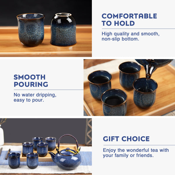 DUJUST Japanese Tea Set for 6, Kiln Altered Glaze Porcelain, Unique Blue, 23.5oz Teapot with 6 Cups & Bamboo Tray, Retro & Elegant, Heat-Proof Handle,