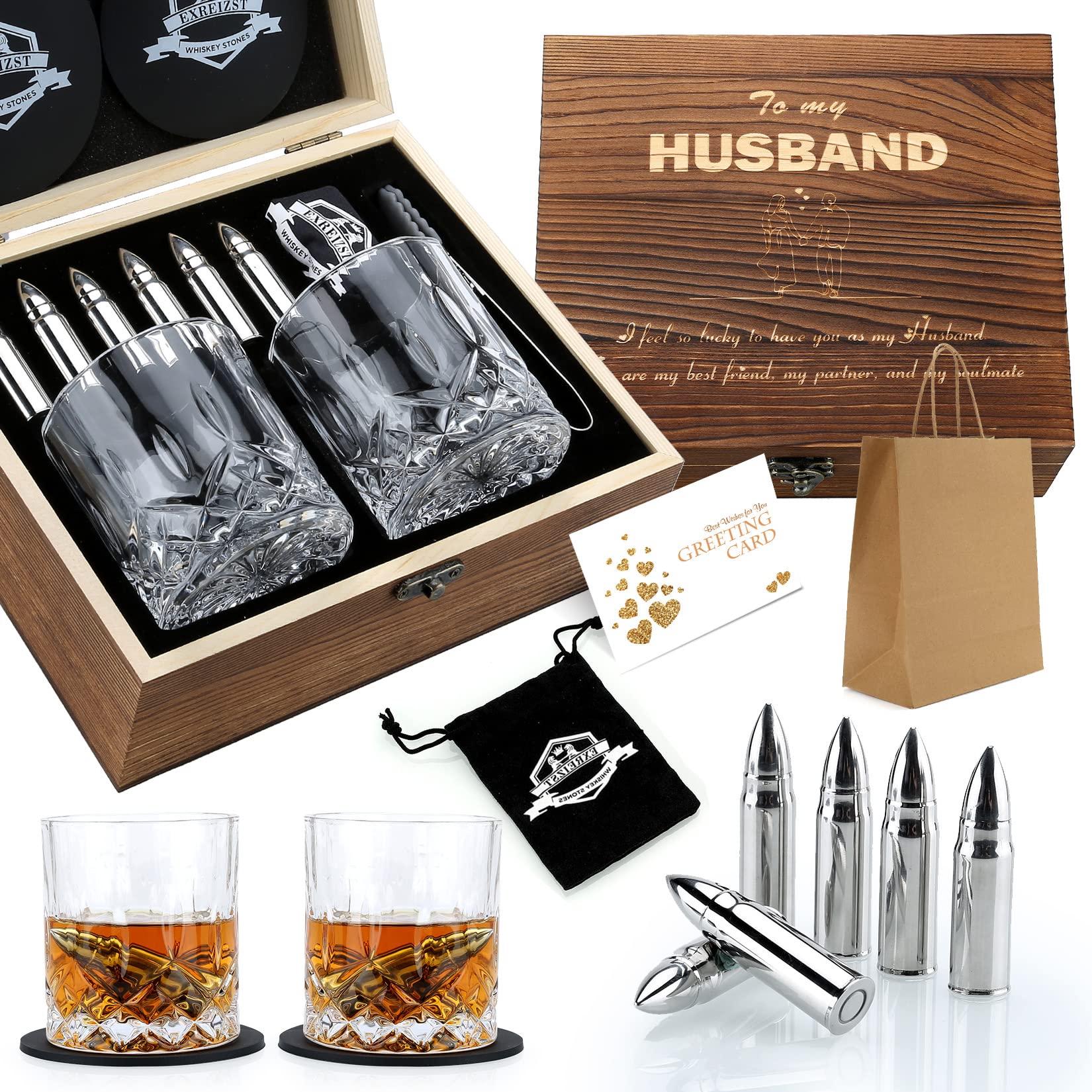exreizst Whiskey gift sets for Men Husband Groomsmen Gifts Wedding Men Birthday Gift Ideas from Wife - Stainless Steel Whiskey Stones & whisky gift