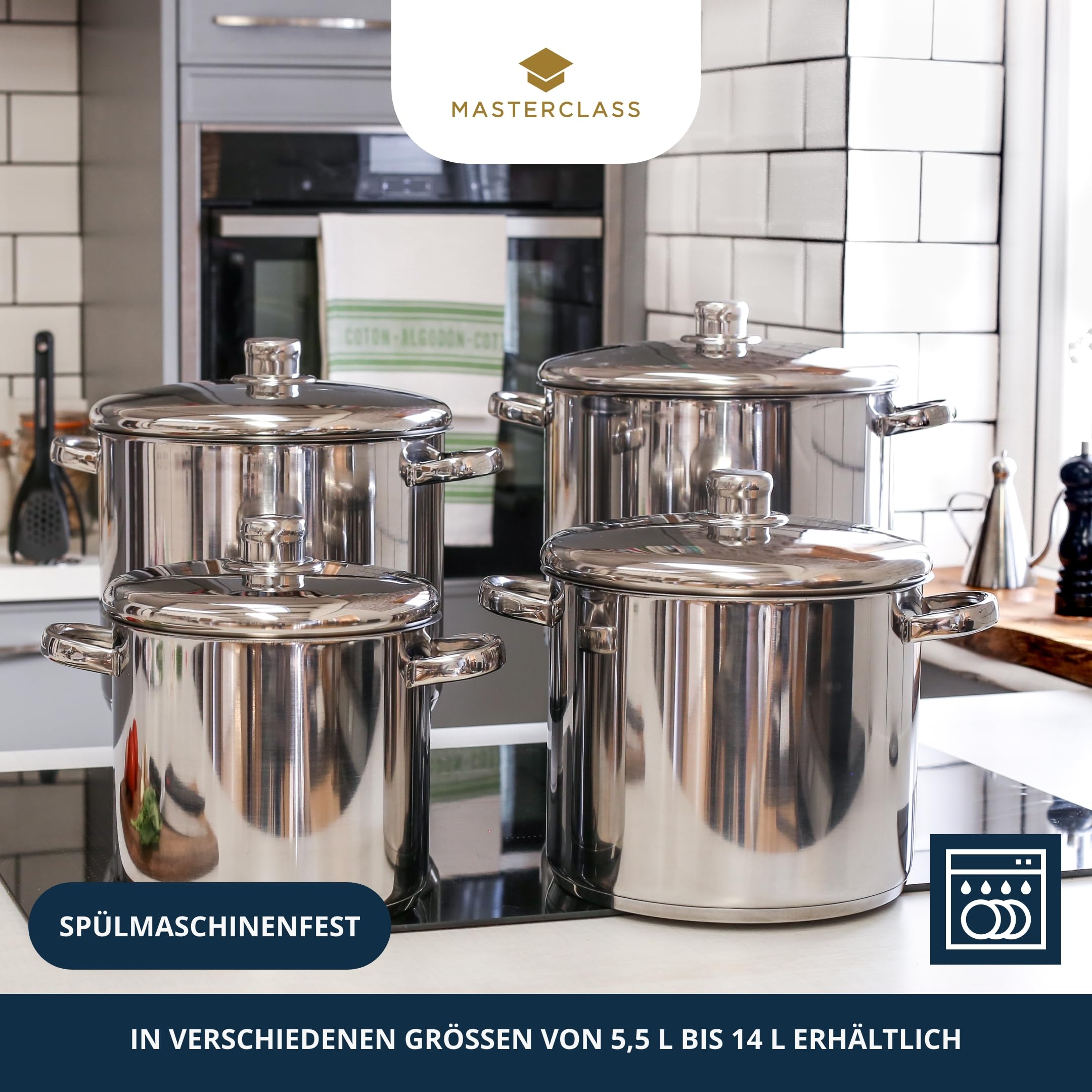 MasterClass Stock Pot With Lid 8.5L/24cm, Induction-Safe, Stainless Steel, Silver