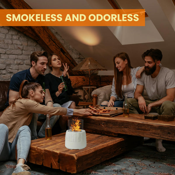 VOSSMOON Tabletop Fire Pit, Bioethanol Table Top Fire Bowl, Portable Round Fireplace indoor or Outdoor, Concrete Table Top Patio Heater Ethanol Burner with Tempered Glass for Potluck or Camping, Black