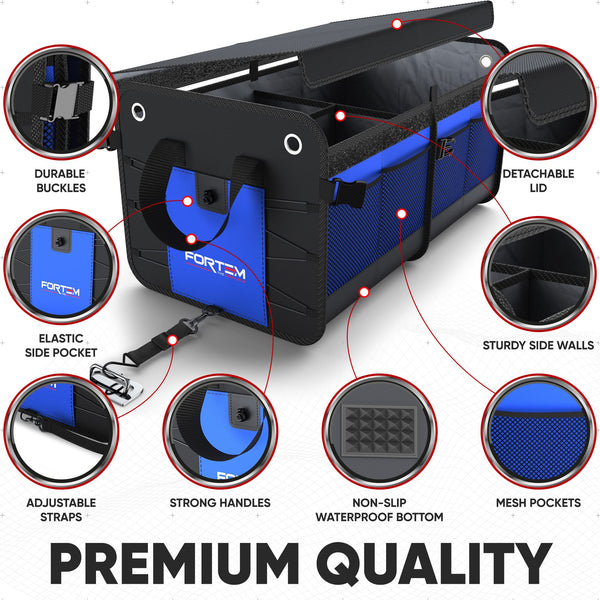 FORTEM Car Boot Organiser, SUV Boot Tidy, Trunk Storage, Collapsible Multi Compartment Car Organiser, Non Slip Bottom, Adjustable Securing Straps, Foldable Cover (65L)