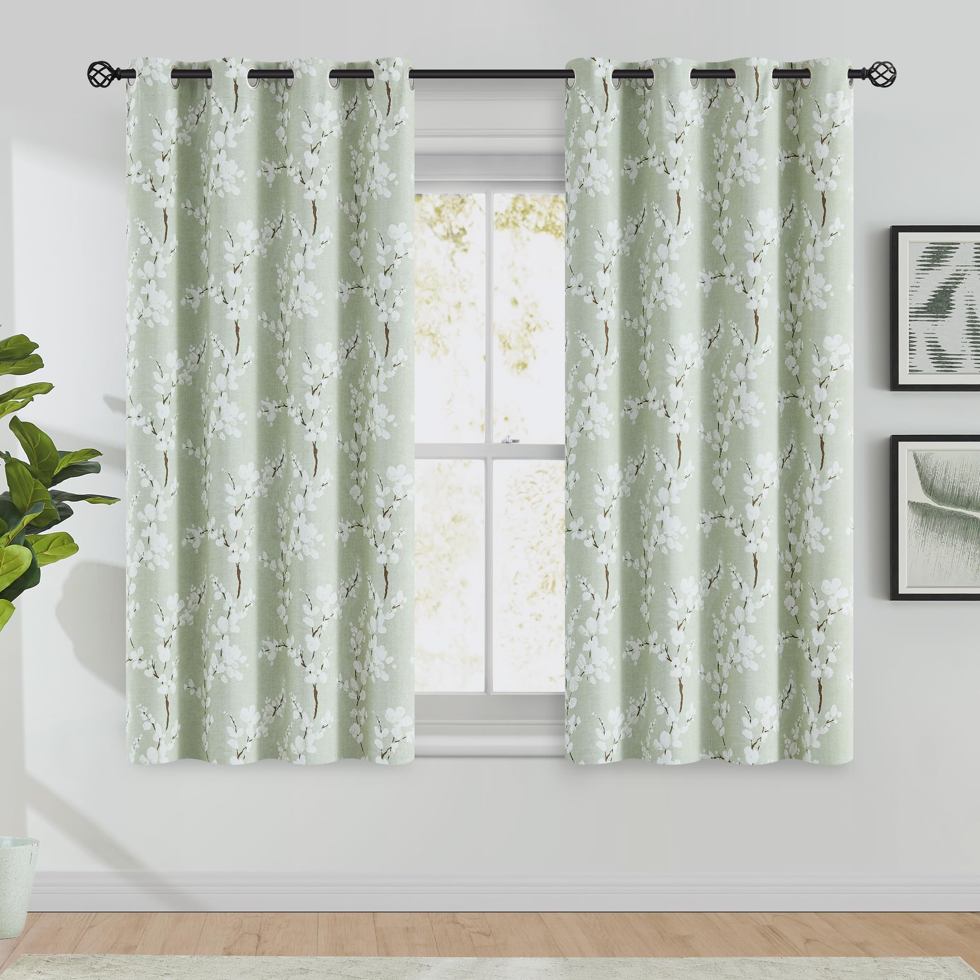 Fmfunctex Green Floral Blackout Curtains for Bedroom 54 inch Drop Eyelet Curtains for Living Room Nursary Blossom Thermal Insulated Window Curtain