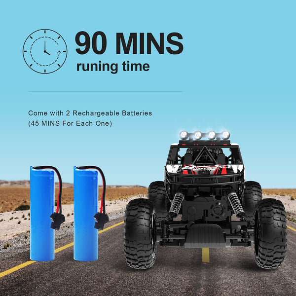 DEERC RC Cars Remote Control Car 1:14 Off Road Monster Truck,Metal Shell 4WD Dual Motors LED Headlight Rock Crawler,2.4Ghz All Terrain Hobby Truck with 2 Batteries for 90 Min Play,Boy Adult Gifts