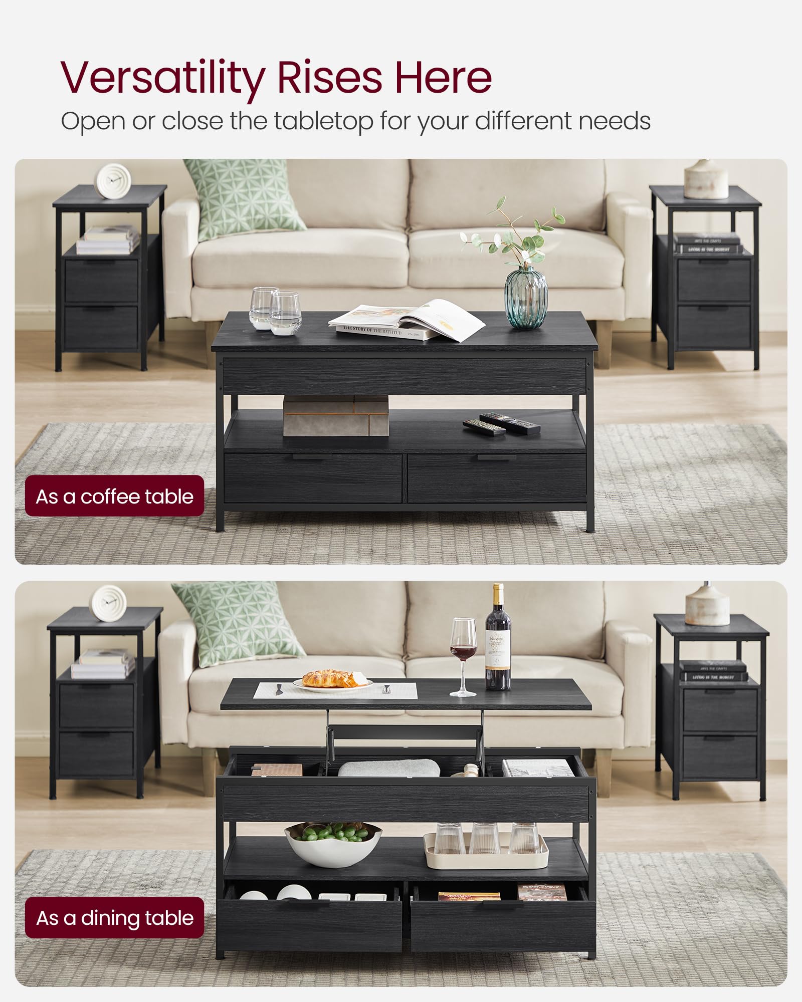 VASAGLE Lift Top Coffee Table, Living Room Table, with Storage Drawers, Hidden Compartments, and Open Shelf, Rustic Brown and Ink Black LCT209K01