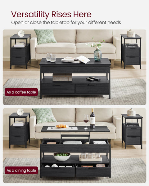 VASAGLE Lift Top Coffee Table, Living Room Table, with Storage Drawers, Hidden Compartments, and Open Shelf, Rustic Brown and Ink Black LCT209K01