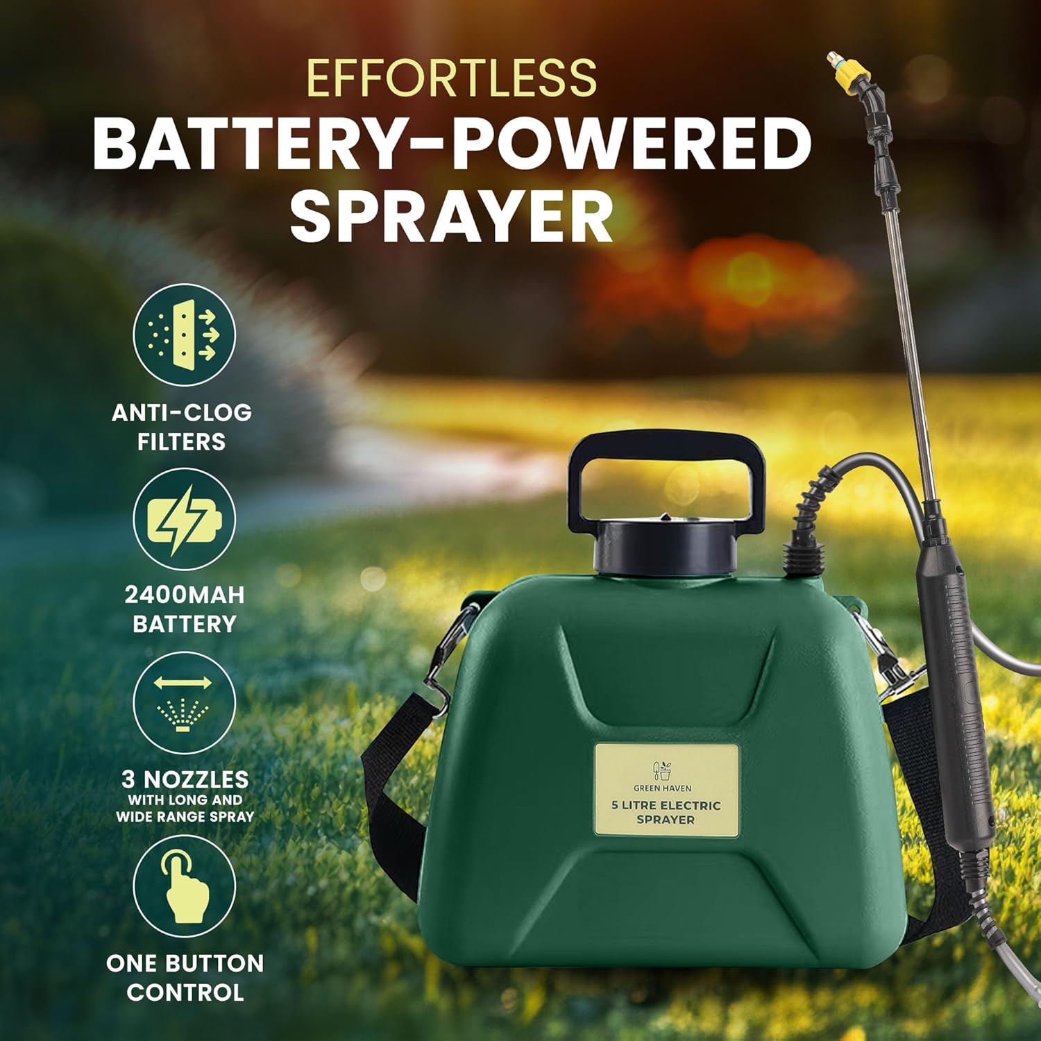Green Haven 5L Battery-Powered Pressure Sprayer – USB Rechargeable Electric Garden Sprayer with 3 Adjustable Nozzles, Easy-Fill Tank, Durable ABS, Portable Design, and Shoulder Strap for Gardening