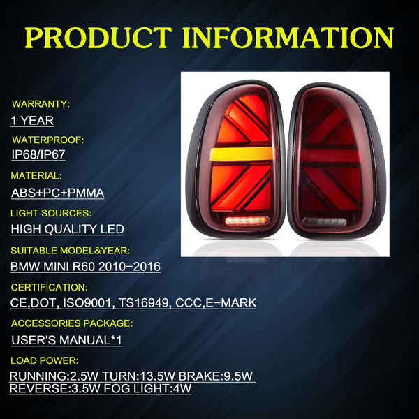 VLAND LED Tail Light Compatible with BMW Mini Cooper F55 F56 F57 2014-2021, Rear Lights with Sequential Turn Signal, Electroplated housing, Red