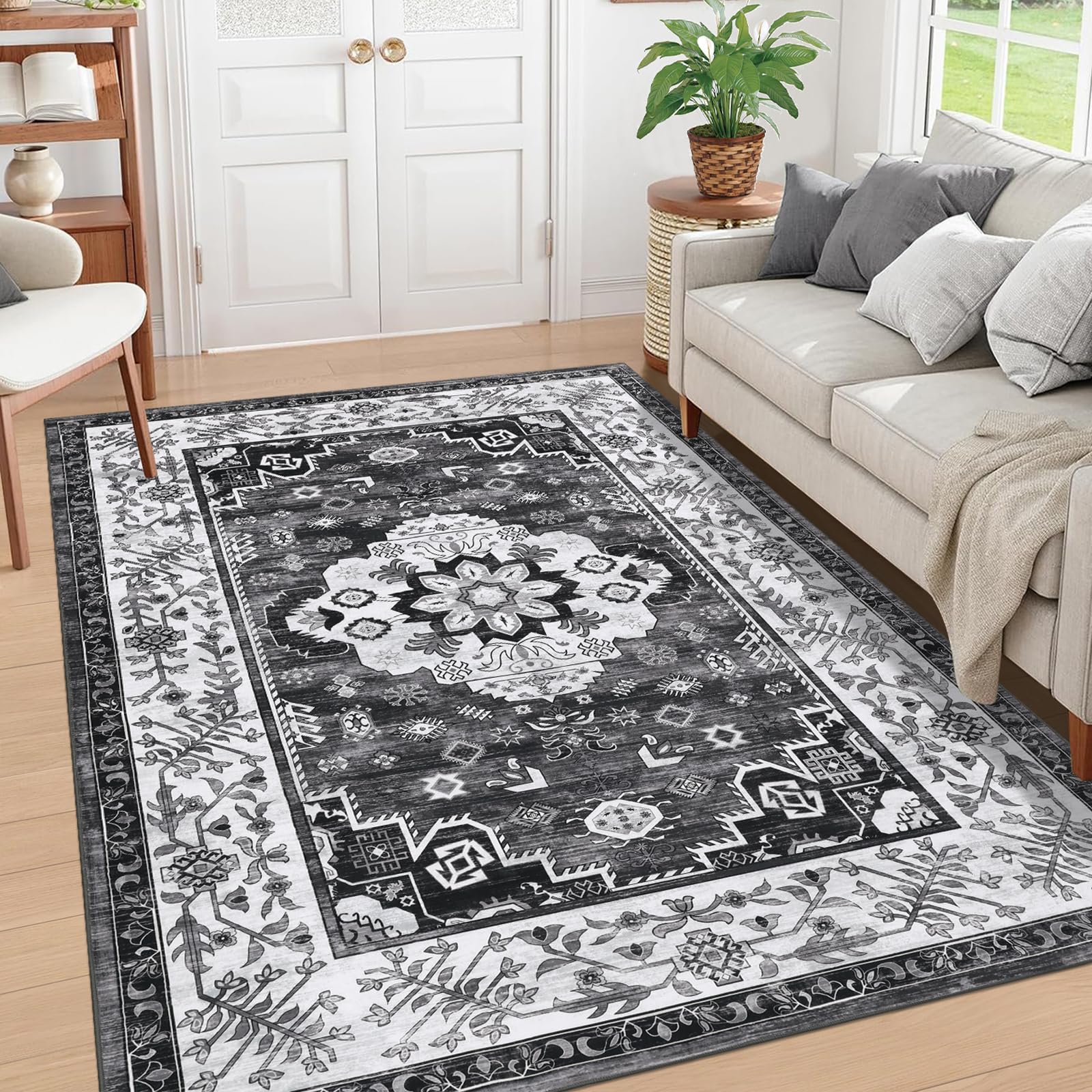 Enyhom Vintage Living Room Rug, 160 x 230cm Large Shaggy Soft Bedroom Area Carpet Rug Non Slip Short Pile Floor Mat Washable Distressed Kitchen Area