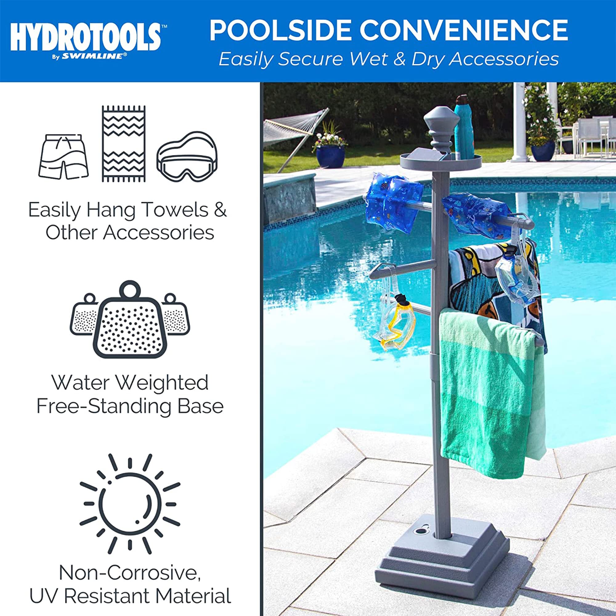 Swimline HYDROTOOLS 89033 Premium Free Standing Poolside Valet Towel Rack Adjustable With Water Weighted Base Three Arms Secure Clips For Outdoors &