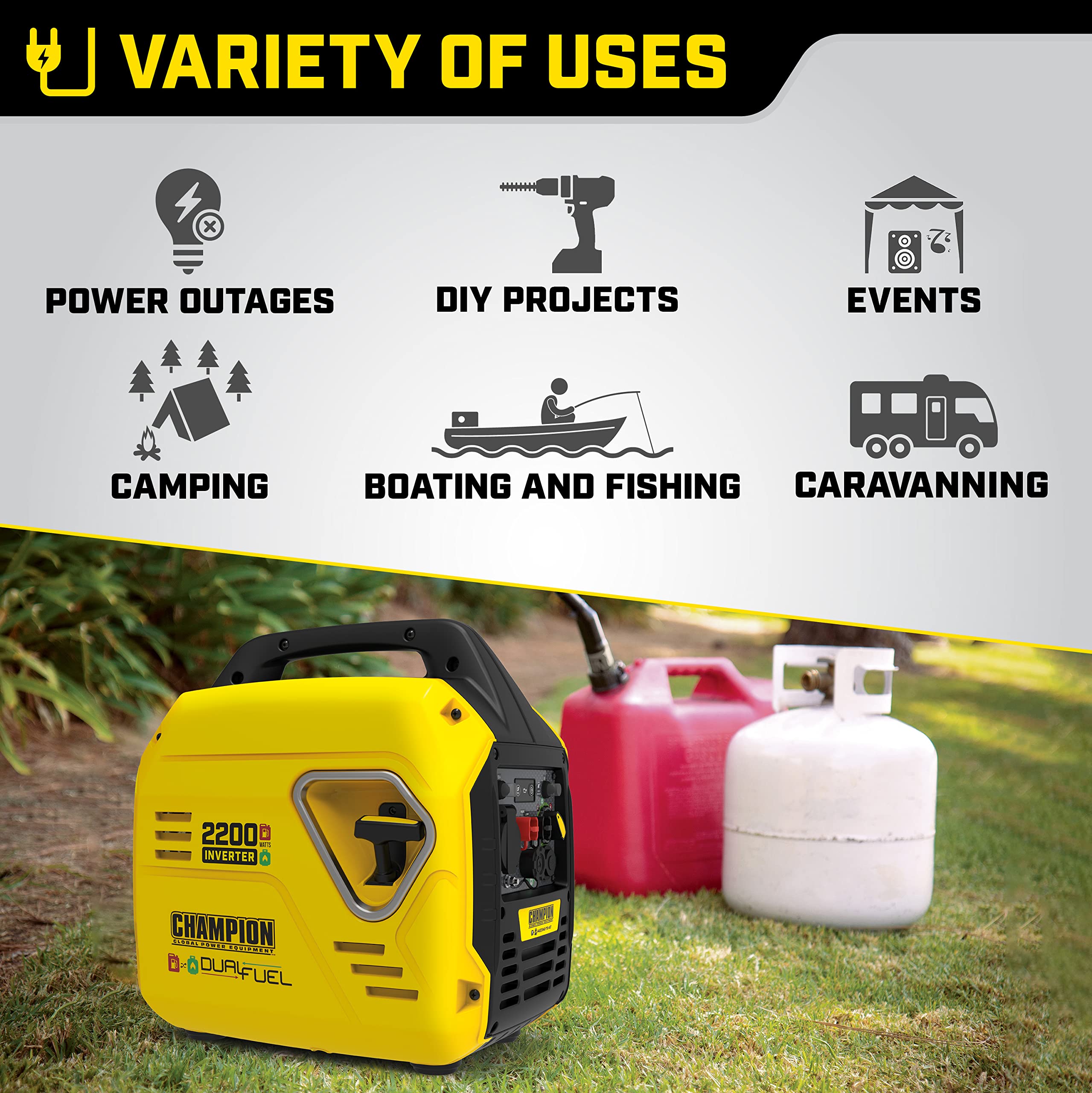 Champion Power Equipment 92001i 2200 Watt LPG Dual Fuel Portable Inverter Generator - 80cc Engine, 4.1L, Petrol or Propane - Lightweight, True Sine Wave, EZ Start, Fuel Fill Assist LED, Ultra Quiet