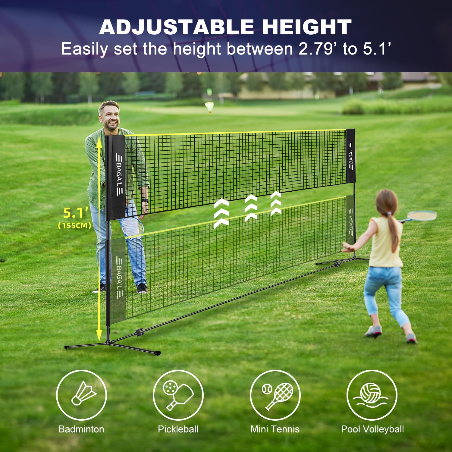 BAGAIL Badminton Net, Foldable Nylon Net, Hieght Adjustable Stand and Portable Carry Bag, Easy to Assemble or Disassemble, Ideal Recreational Sports Net for Tennis, Kids Badminton or Volleyball
