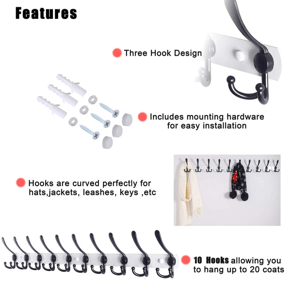 Dseap Wall Mounted Coat Rack - 96cm Long 10 Tri Hooks, Heavy Duty Stainless Steel Metal Coat Hanger Rail Wall Hooks for Coats Hats Clothing Clothes