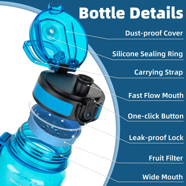 OLDLEY 1L/32oz Sports Water Bottle, 1000ml Motivational Drinks Bottle with Time Markings Leak Proof Drink & Lock Cover & No Straw, BPA Free for Adults Women Men Gym School Cycling Running Hiking