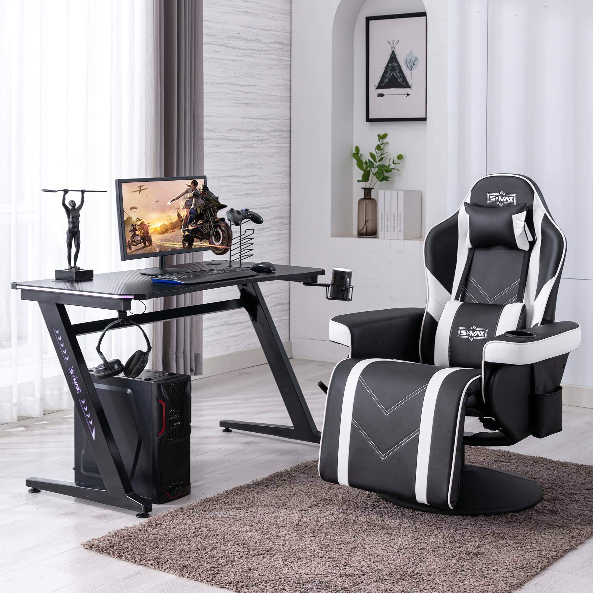 S*MAX Gaming Chair Recliner Height Adjustable Ergonomic Higher Back and Wider Lumbar Support Swivel PU Leather Gaming Chair with Footrest Cup Holder Gamer Chairs for Adults Black X Large