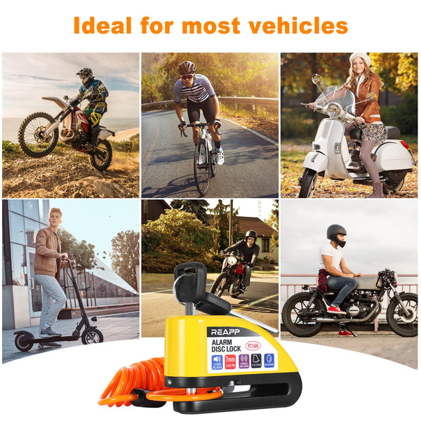 REAPP Alarm Disc Lock Motorbike Lock, Disc Brake Lock 110db with Reminder Cable and Carry Pouch, High Security Disc Lock for Motorcycle Bike Moped Motocross