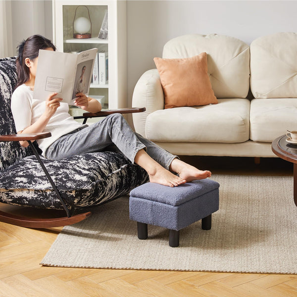 Aibiju Small Footstool Ottoman with Storage, Faux Teddy Fur Ottoman Pouffe Stool Change Shoe Footrest with Wood Legs for Living Room Bedroom, Blue