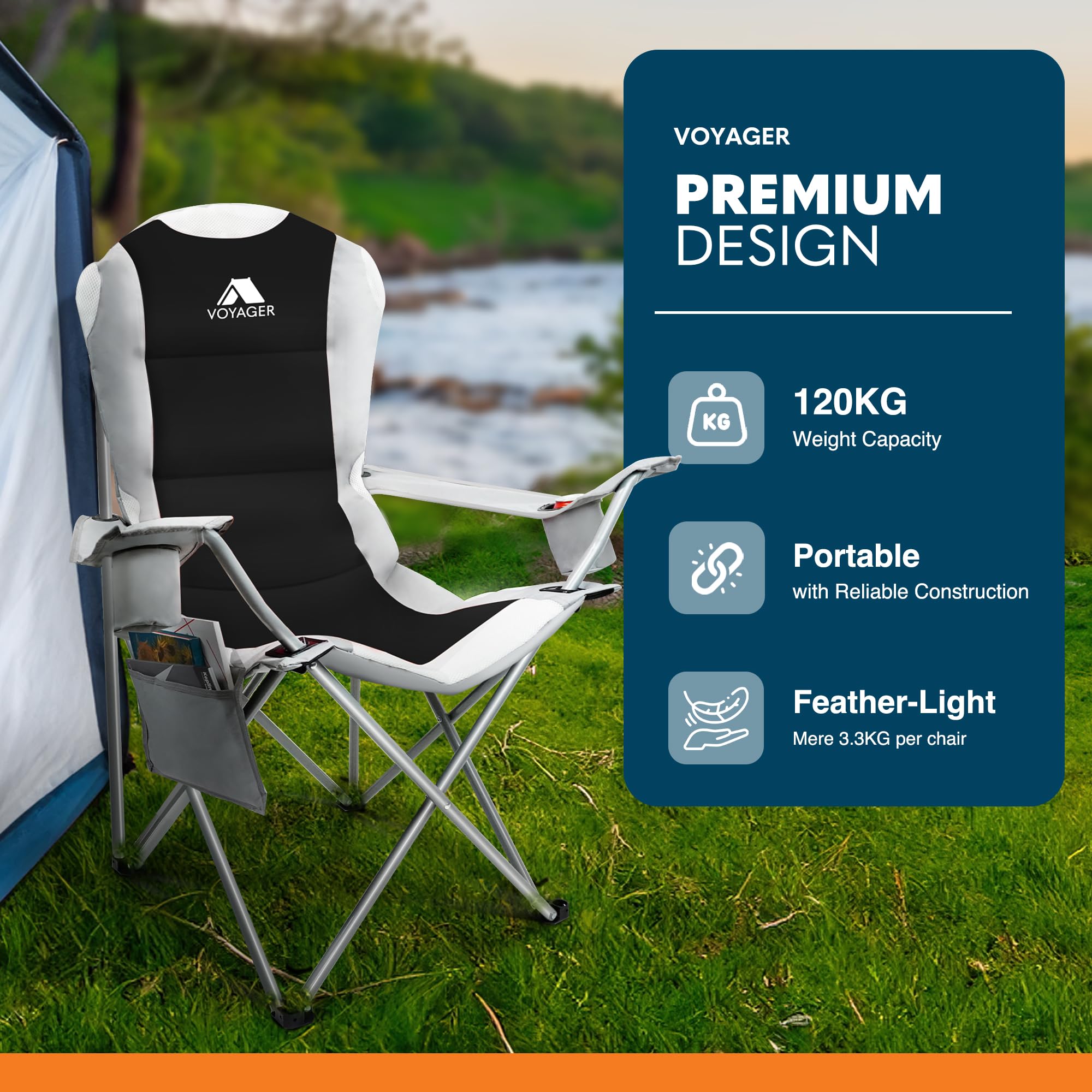 Voyager Folding Camping Chairs 2 Pack with Cooler Bag, Lightweight Q195 Steel Frame, 600D Oxford Fabric, Portable & Comfortable - Black (Black, Padded)