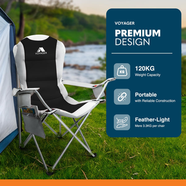 Voyager Folding Camping Chairs 2 Pack with Cooler Bag, Lightweight Q195 Steel Frame, 600D Oxford Fabric, Portable & Comfortable - Black (Black, Padded)