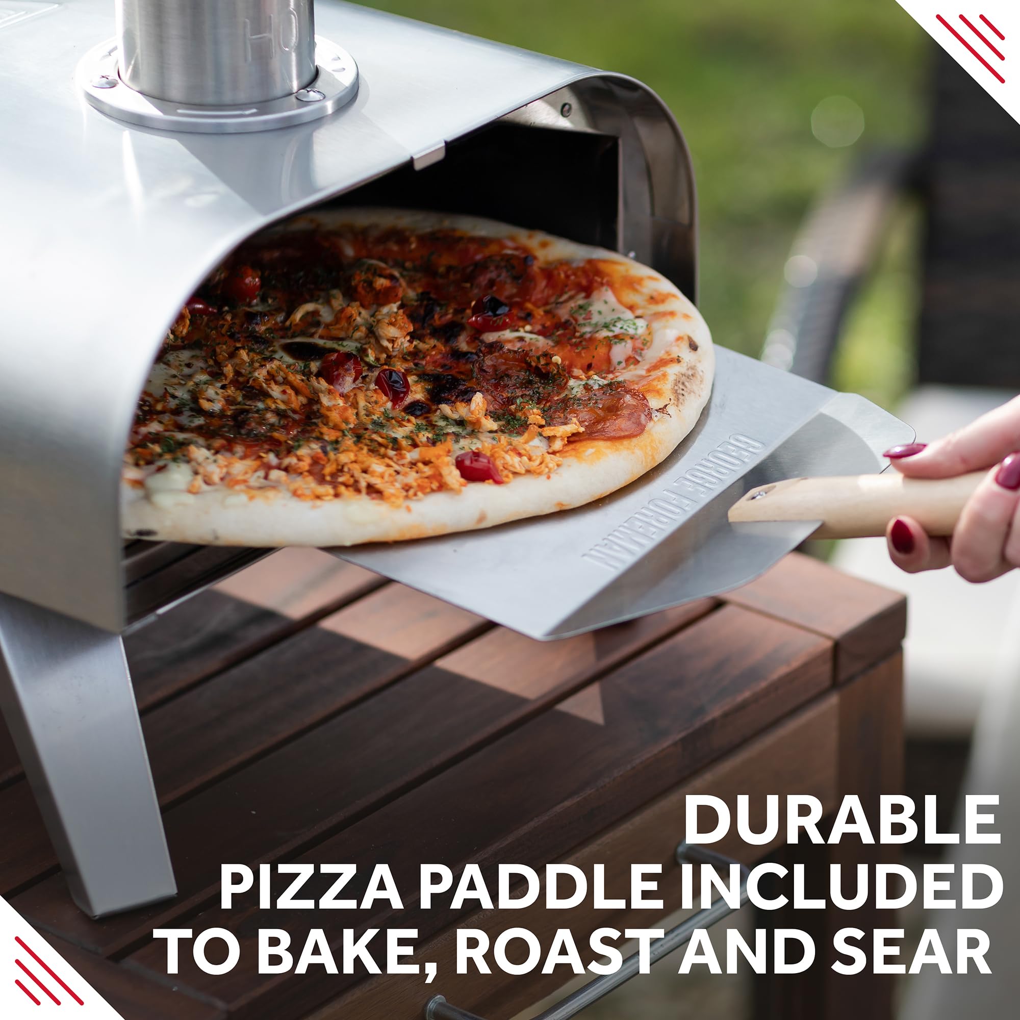 George Foreman Outdoor 12 Inch Wood Pellet Portable Wood Fired Pizza Oven Stainless Steel with Paddle and Carry Bag, BBQ Oven & Smoker, Foldable Legs GFWPPO1SSPC