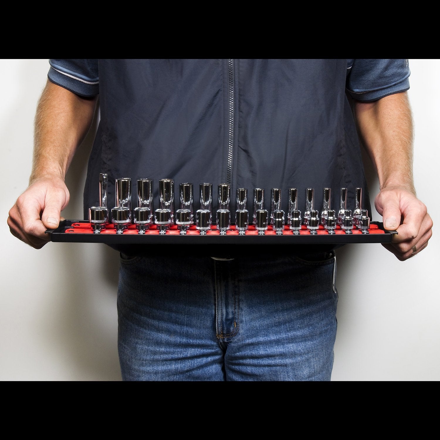 Ernst Manufacturing - 8453 Socket Boss 2-Rail 3/8-Inch-Drive Socket Organizer, 19-Inch, Red - Socket Storage Tray and Organization System for Mechanics and Automotive Service Technicians