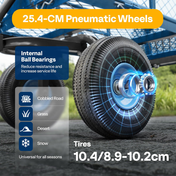 VIVOHOME Hand Trolley 400kg Capacity Durable Transport Cart with 10cm Pneumatic Tires and 180° Rotatable 80cm Handle Heavy Duty Metal Grids for Garden and Camping