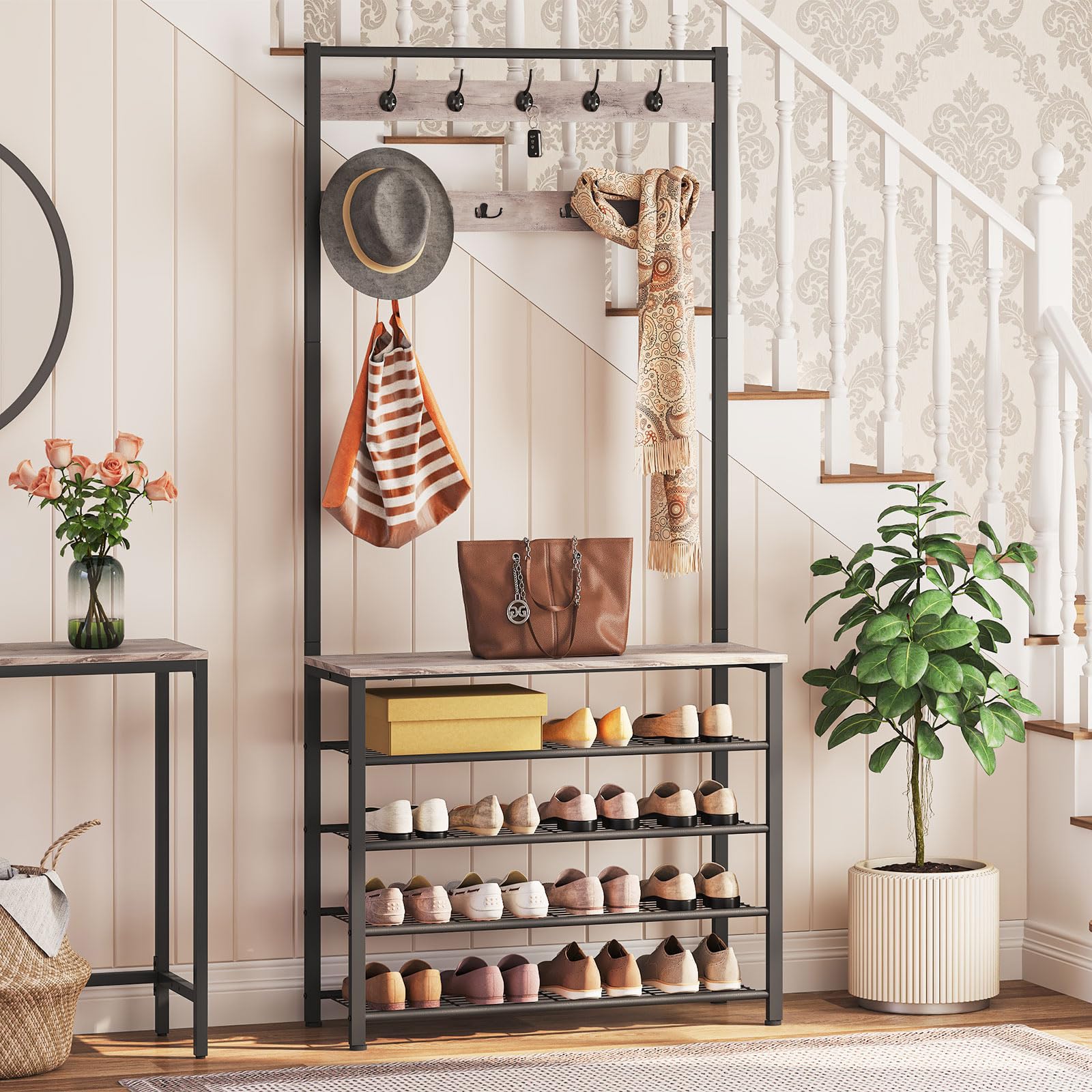 HOOBRO Coat Stand, Coat Rack with Shoe Storage, Free Standing Hall Tree with 9 Hooks, Shoe and Coat Rack for Hallway, Entryway, Metal Frame, Sturdy,