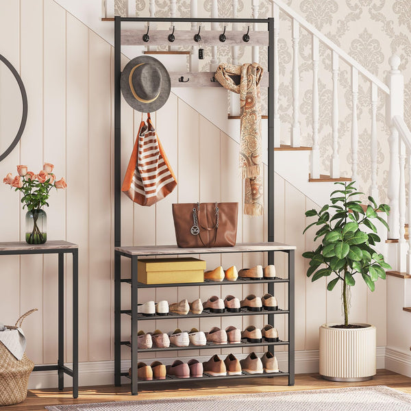 HOOBRO Coat Stand, Coat Rack with Shoe Storage, Free Standing Hall Tree with 9 Hooks, Shoe and Coat Rack for Hallway, Entryway, Metal Frame, Sturdy,