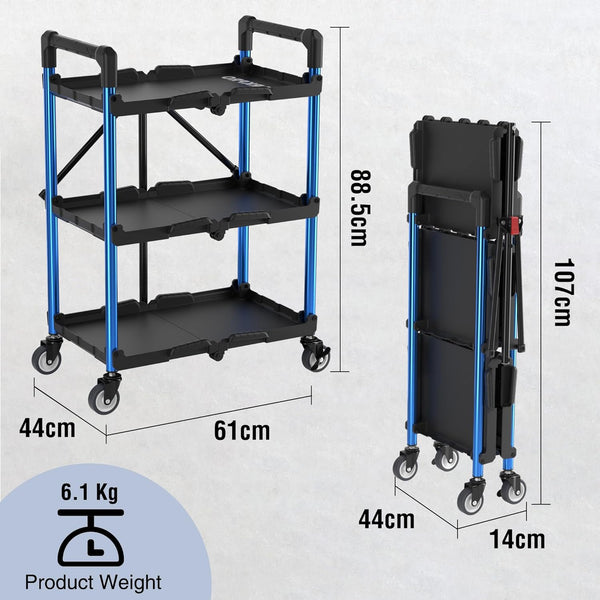WORKPRO 3-Tier Collapsible Service Cart with Wheels, 31.8 kg Capacity & Ergonomic Handle - Folding Cart for Garage, Workshop, Home & Office