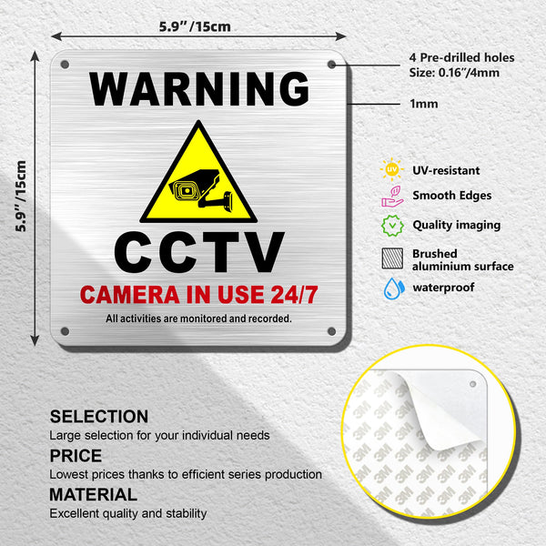TAKULA Pre-drilled CCTV Sign - 15 * 15cm Aluminium Brushed Metal Sign - 24 HR Outdoor Waterproof, UV Resistant, Durable | Pack of 1