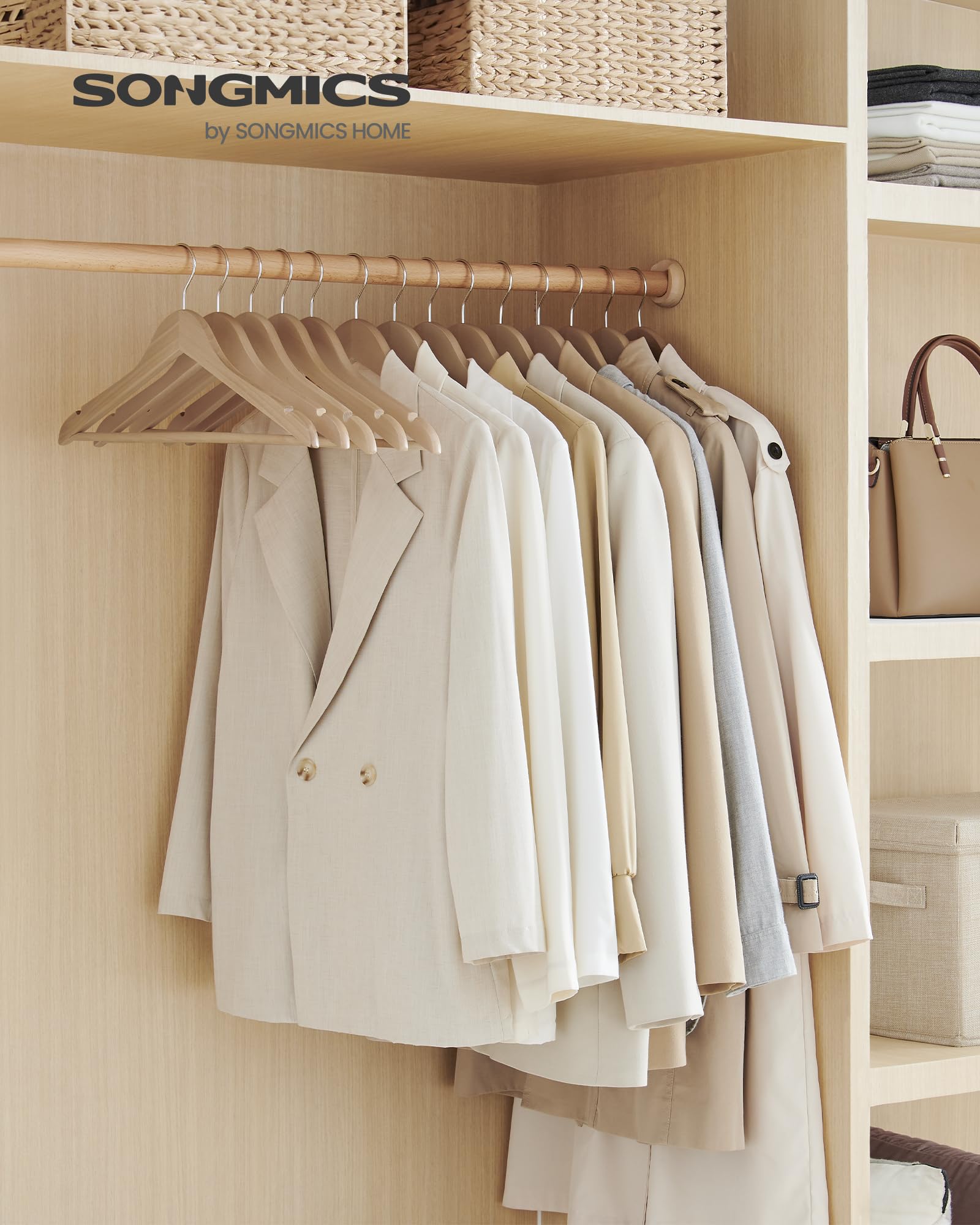 SONGMICS Wooden Hangers, Pack of 48, Coat Hangers, Non-Slip, Pants Bar, 360? Swivel Hooks, for Jackets, Shirts, Coats, Natural Beige CRW010N48