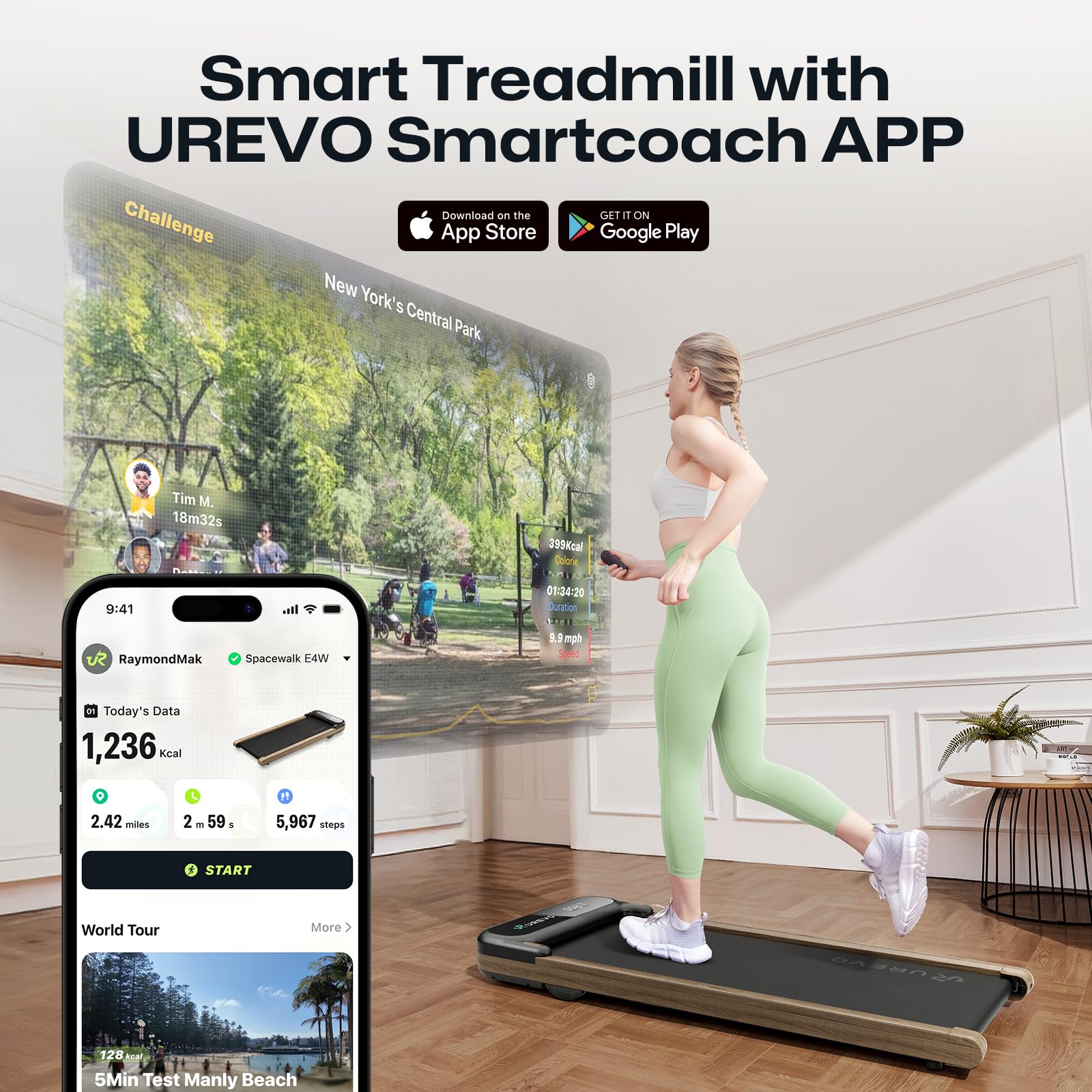 UREVO Smart Walking Pad, Compact Under Desk Treadmill with Double Shock Absorption, Quiet Operation, Workout APP with Track Insights and MIIT Mode, Plug and Play, Remote or APP Control for Home Office