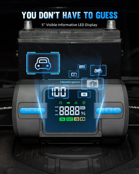 Jump Starter Power Pack with Air Compressor, 3000A Peak 160 PSI12V Car Jump Starter for up to 9.0L Gas/8.0L Diesel, Portable Battery Jump Starter Large LCD Display with LED Lights