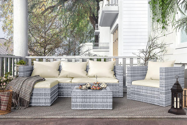 bigzzia Rattan Garden Furniture Set, 4 piece Patio Rattan furniture sofa Weaving Wicker includes 2 Armchairs,1 Double seat Sofa and 1 table (Black)