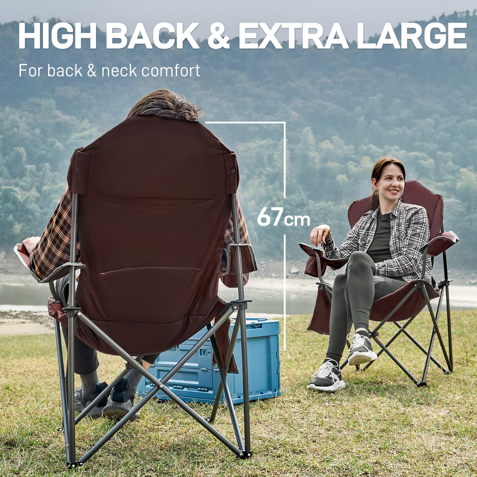 EVER ADVANCED Camping Chairs for Adults Heavy Duty Folding Chair Up to 160kg Oversized with High Back & Cup Holder & Side Pocket Comfy Camp Fold Up Chair