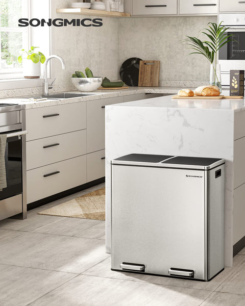 SONGMICS Dual Rubbish Bin, 2 x 30 L Recycling Bin with 15 Rubbish Bags, 2-Compartment Metal Pedal Bin with Lids and Plastic Inner Buckets, Soft Closure, Slate Grey LTB060G01