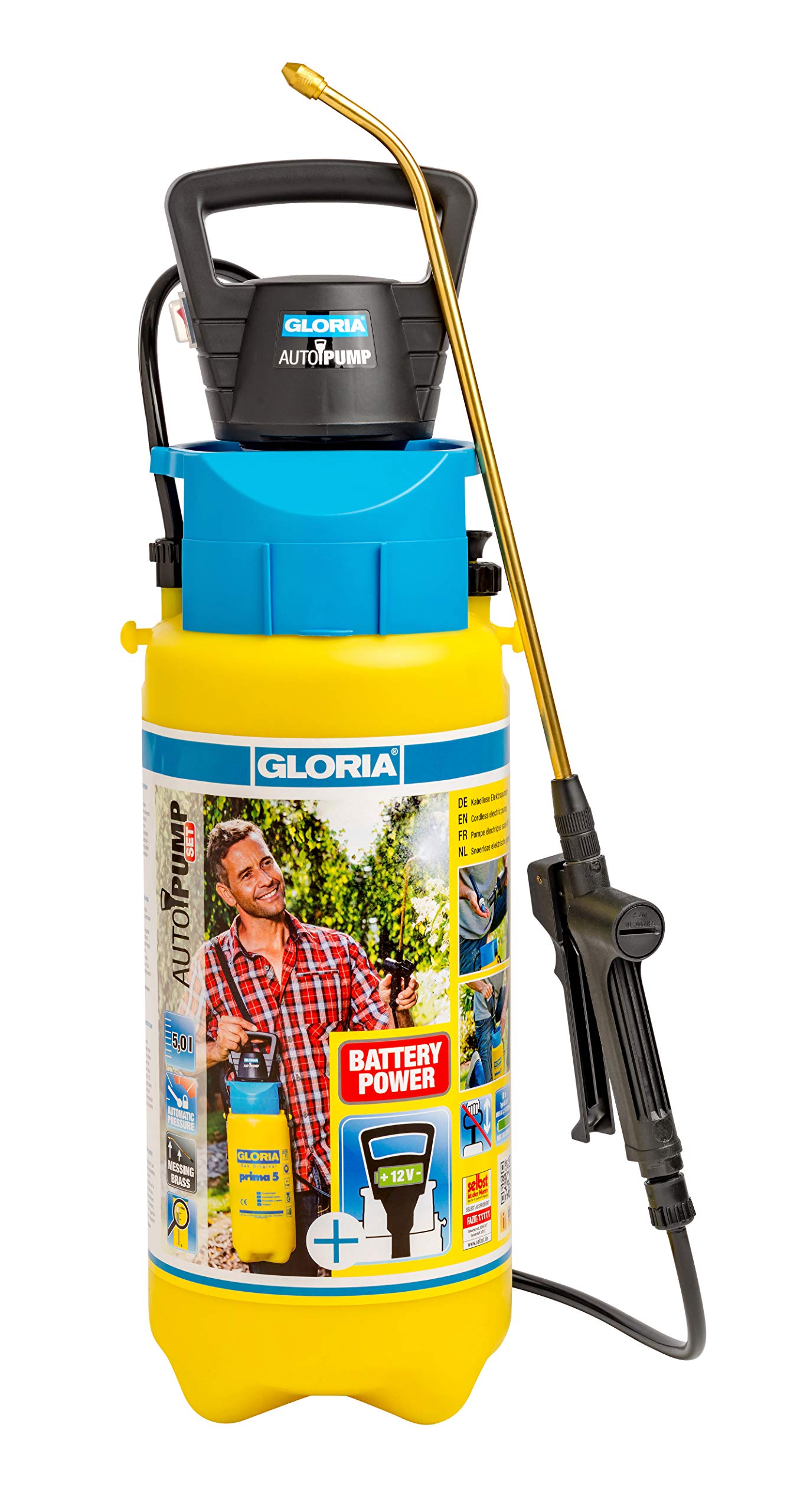 GLORIA Pressure Sprayer AutoPump Set | Garden Sprayer | 5 Litre Capacity | Sprayer with Battery/Rechargeable Battery Operation | No Laborious Pumping