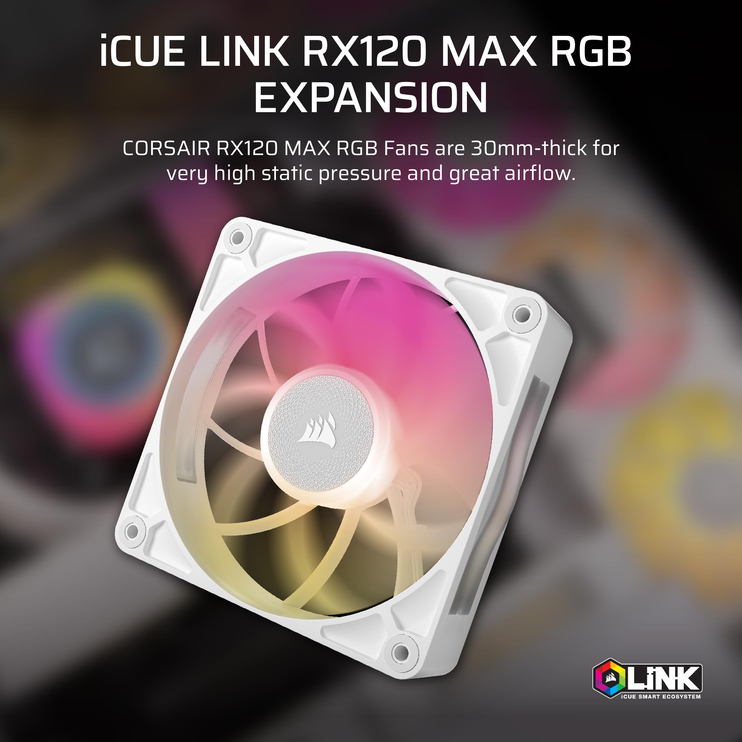 CORSAIR iCUE LINK RX120 MAX RGB 120mm PWM Thick Fans with iCUE LINK System Hub – High-Static Pressure – Magnetic Dome Bearing – Triple Pack – White