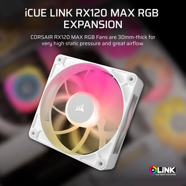 CORSAIR iCUE LINK RX120 MAX RGB 120mm PWM Thick Fans with iCUE LINK System Hub – High-Static Pressure – Magnetic Dome Bearing – Triple Pack – White
