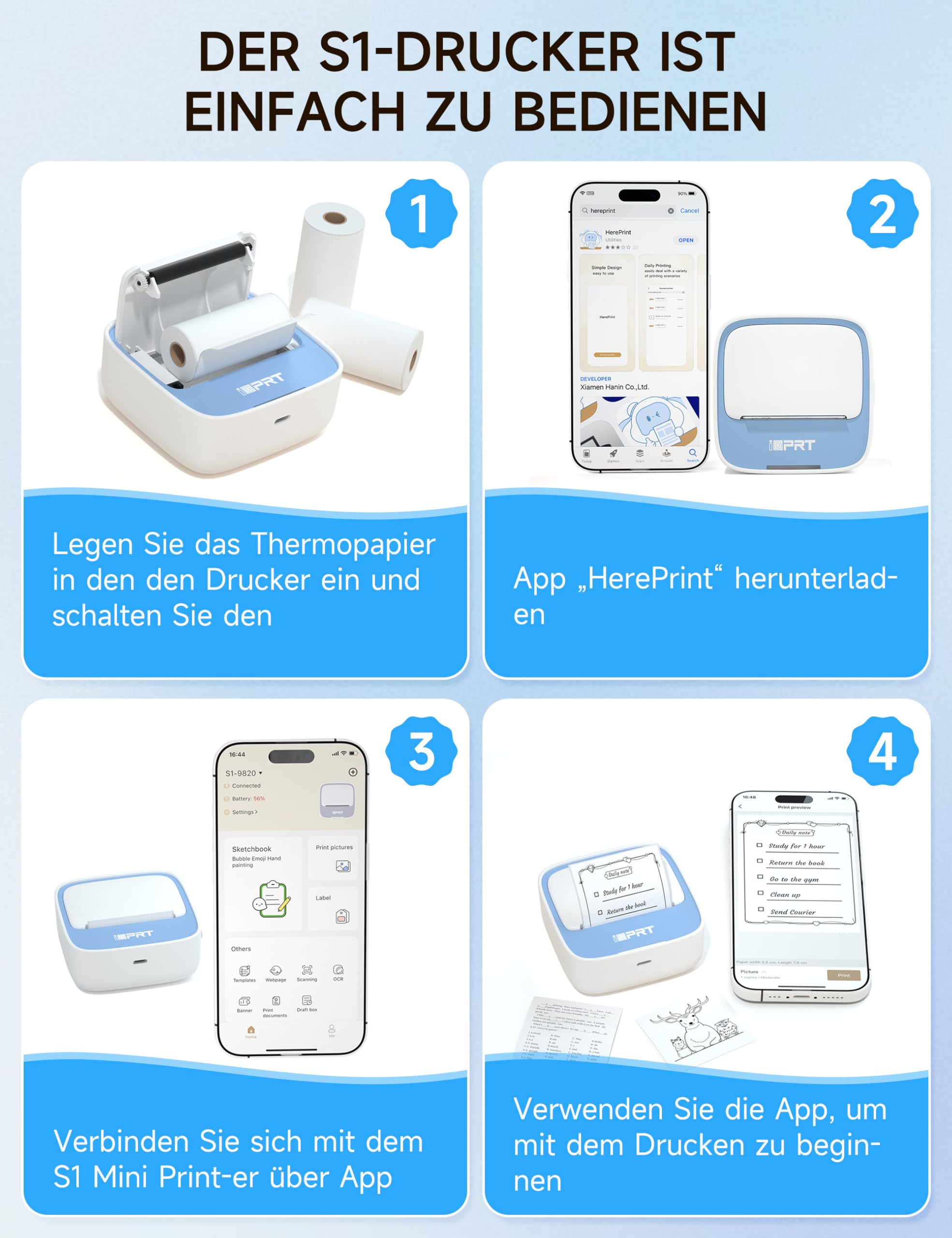 iDPRT Mini Portable Sticker Thermal Printer for Study Notes Pictures DIY Labels, Study Notes, Photos
