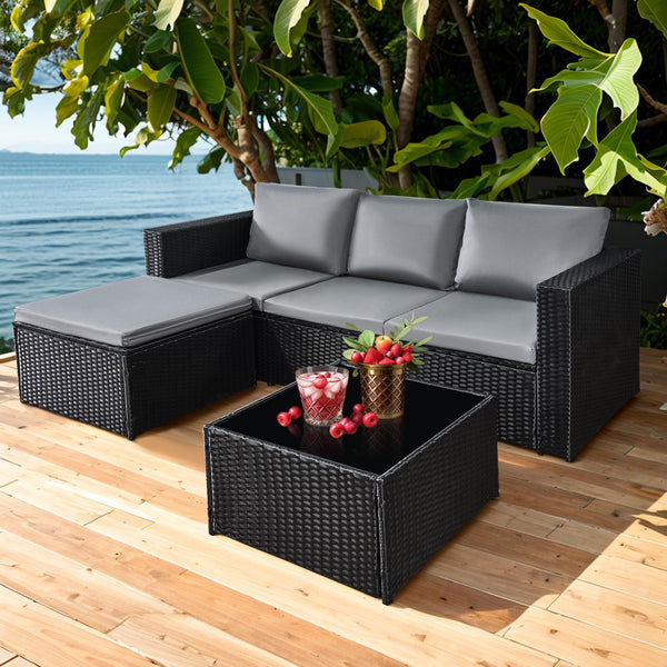 AOUXIN 3 Pieces Rattan garden furniture Patio Furniture Sets All Weather Outdoor Sectional Patio Sofa Manual Weaving Wicker Rattan Corner Sofa with Grey Cushions and Glass Table