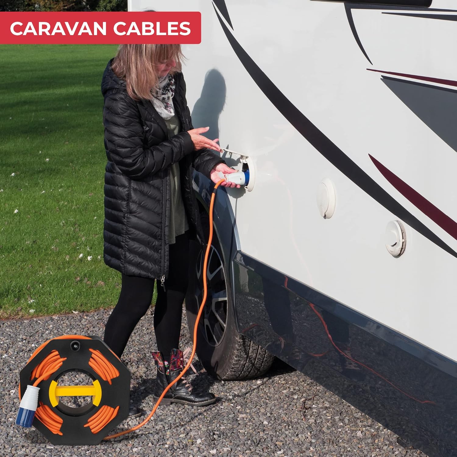 GADLANE Heavy Duty Black Cable Tidy Reel 25m - Cable Reel Empty Camping Electric Hook Up Cable Winder, Extension Lead Reel Christmas Light Storage Reel Cable Reel Holder for Caravan Leads Cables Cords