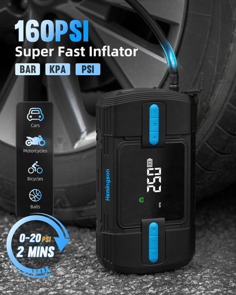 Jump Starter Power Pack with Air Compressor, 3000A Peak 160 PSI12V Car Jump Starter for up to 9.0L Gas/8.0L Diesel, Portable Battery Jump Starter Large LCD Display with LED Lights