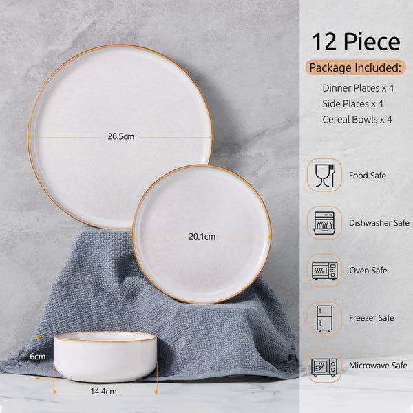 Homikit 12 Piece Dinner Set, Reactive Glaze Kitchen Dinnerware Sets for 4, Elegant Stoneware Included Plates and Bowls, Non-Scratch & Sturdy,