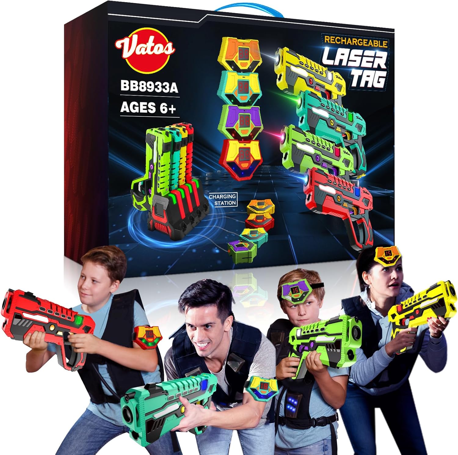 VATOS Rechargeable Laser Tag Game for Kids - Laser Guns 4 Player Pack with Receivers, 2.4 GHz Data SYNC Display Infrared Lazer Blaster, Group Activity Fun Toy for Boy Girl Aged 6-12+ Teen Adults