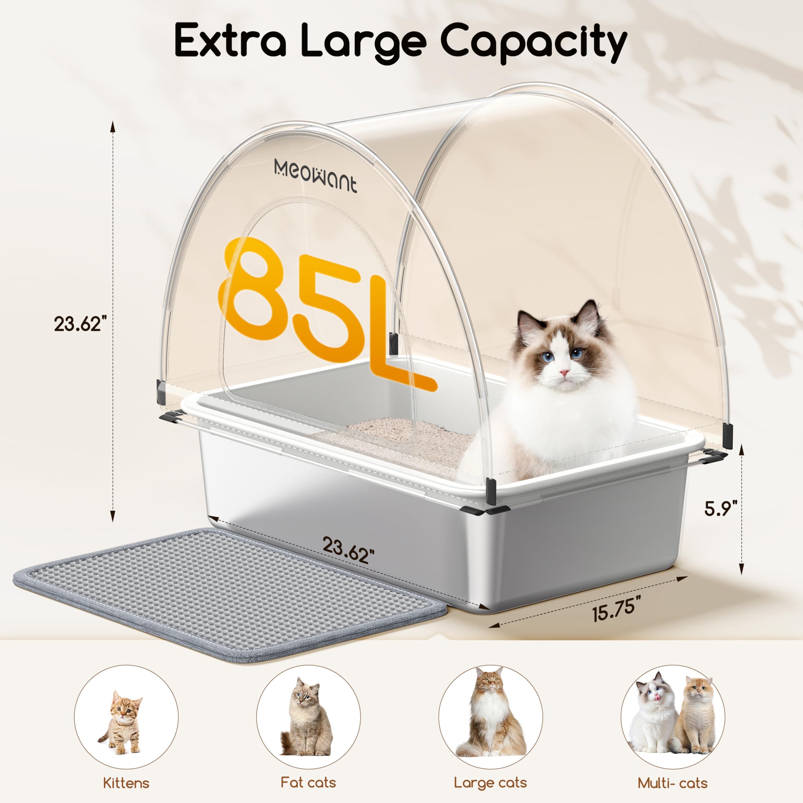 MeoWant Cat Litter Box Stainless Steel, Enclosed Litter Pan for Big Cat with Cloth Cover Canopy, Never Absorbs Odor, Non Stick Surface, XXL Extra Large Litter Tray, Detachable, Easy Clean, White