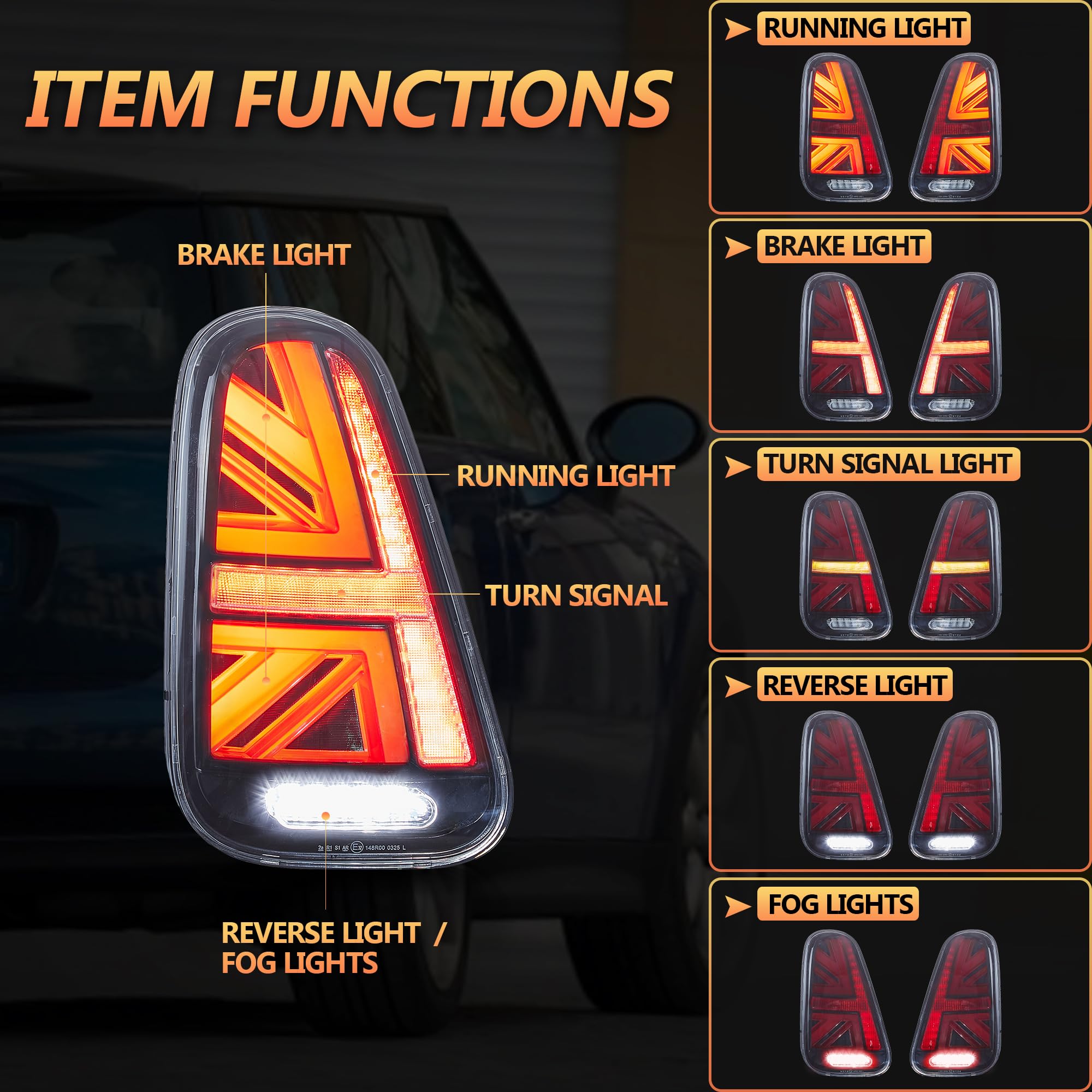 VLAND LED Rear Lights Compatible with Mini Cooper R50 R52 R53 2001-2006 1st Gen Hatch/Convertible, Union Jack Tail Lights w/Startup Dynamic Display & Sequential Indicator, 1 Set (Red)