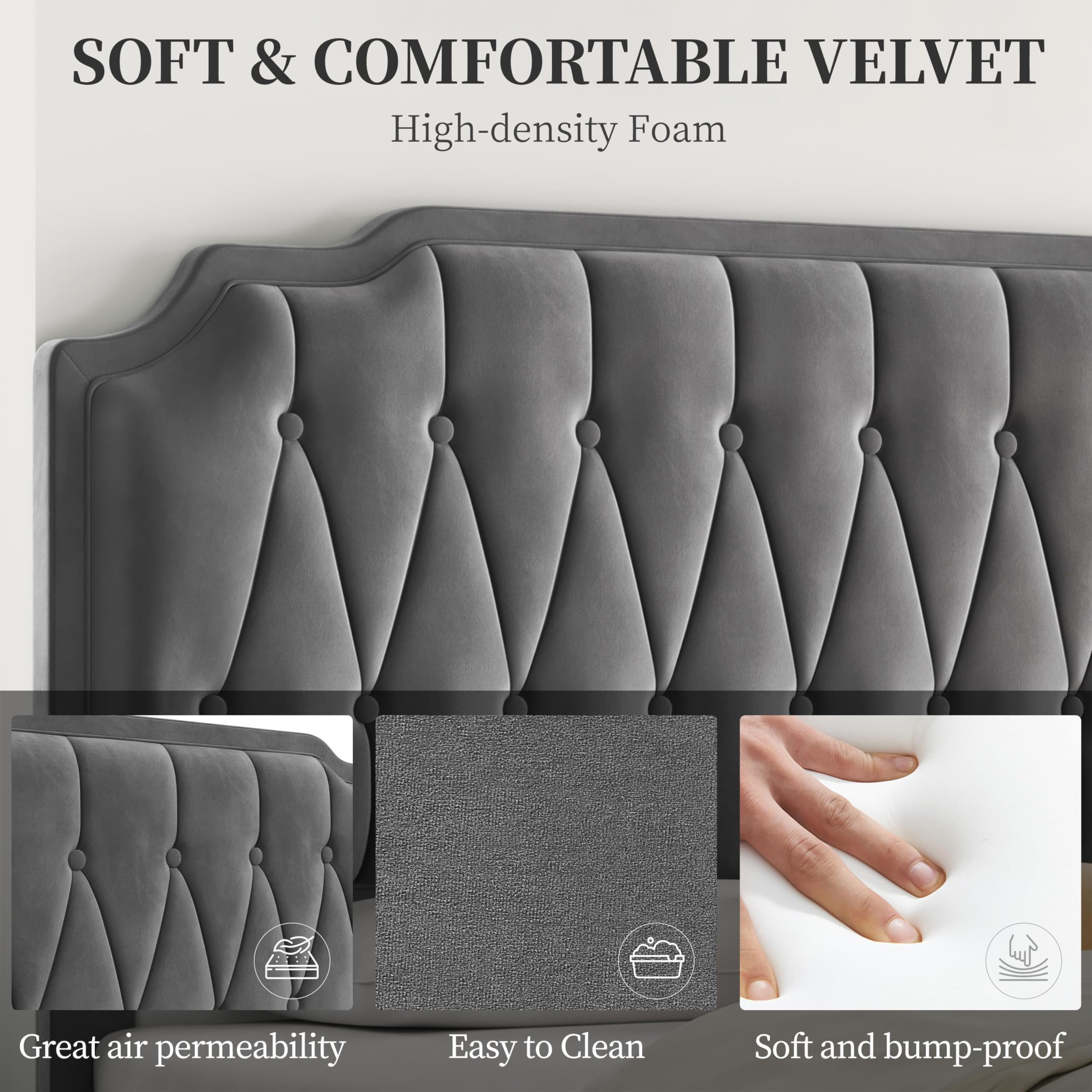 Yaheetech 5ft King Bed Frame Upholstered Platform Bed with Adjustable Button Tufted Headboard/Velvet Fabric/Sturdy Wooden Slat Support/No Box Spring Needed, Dark Grey King Bed